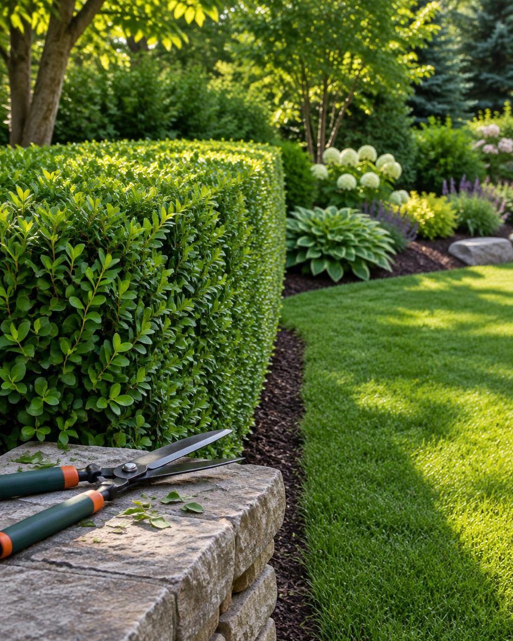 AI-generated garden with a clipped hedge and gardening shears; no people